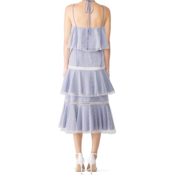 Prabal Gurung Halter Tulle Tiered Midi Maxi Dress Striped Blue Lace Overlay Sz 4 - Picture 3 of 15